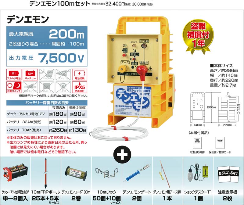 畑を荒らすイノシシから作物を守る電気柵 デンエモン100mセット